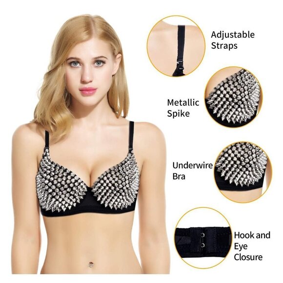 FASHION Metallic Spike Punk Goth Bra Clubwear - Silver - Picture 3 of 3